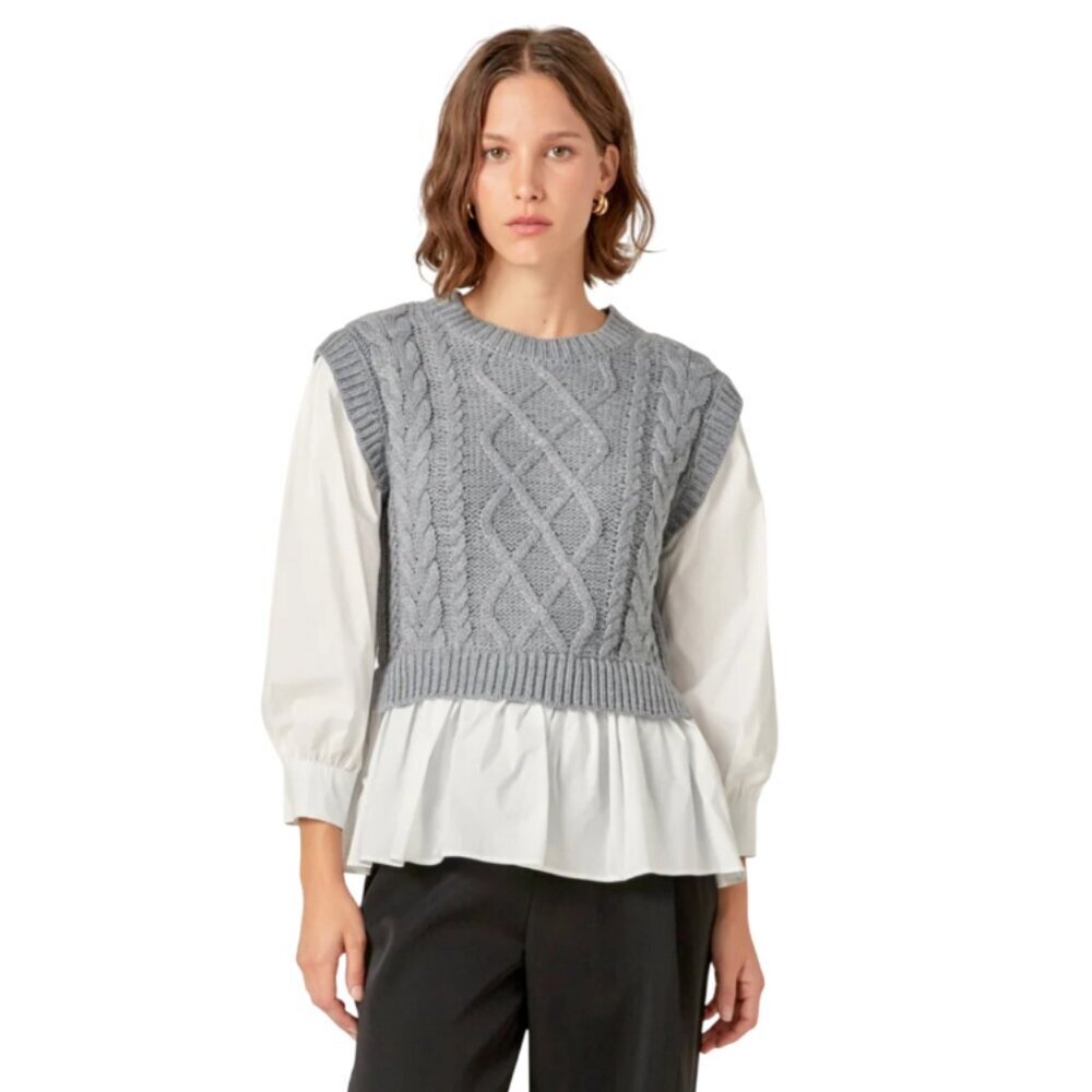 English Factory Mixed Media Cable Detail Sweater Top Womens XS Gray White Shirt